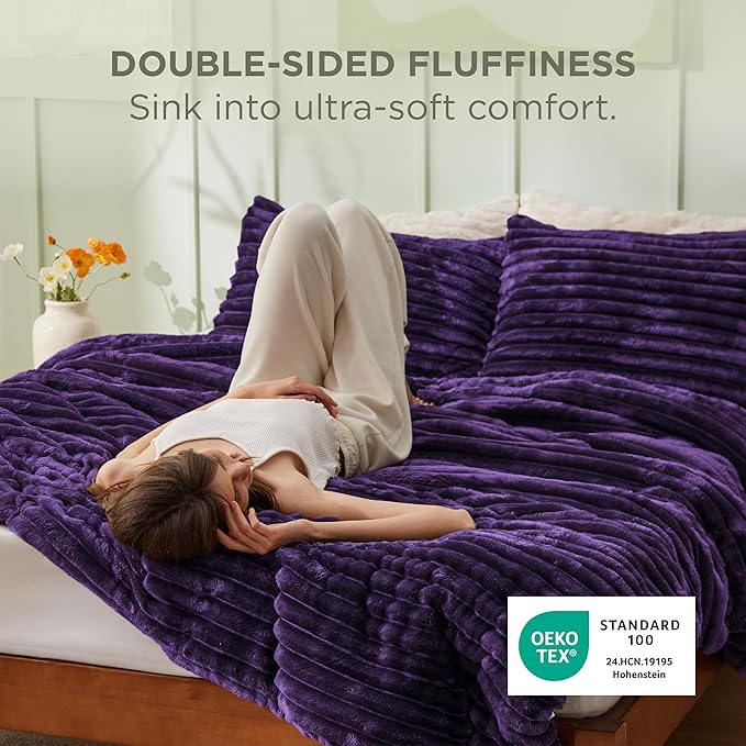 Bedsure Queen Comforter Set - GentleSoft™ 3 Pieces Fluffy Double-Side Fleece Comforter Set, Cozy Striped Room Decor Aesthetic, Luxury Purple Bedding Queen Size with 2 Pillowcases, 90x90 Inches