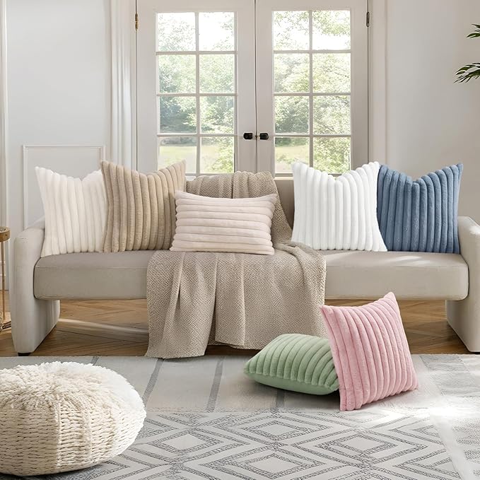 decorUhome Cozy Faux Fur Spring Throw Pillow Covers 16x16 Set of 2 Decorative Soft Plush Striped Modern Farmhouse Boho Couch Pillow Cases with Velvet Back for Sofa Bed Living Room, White