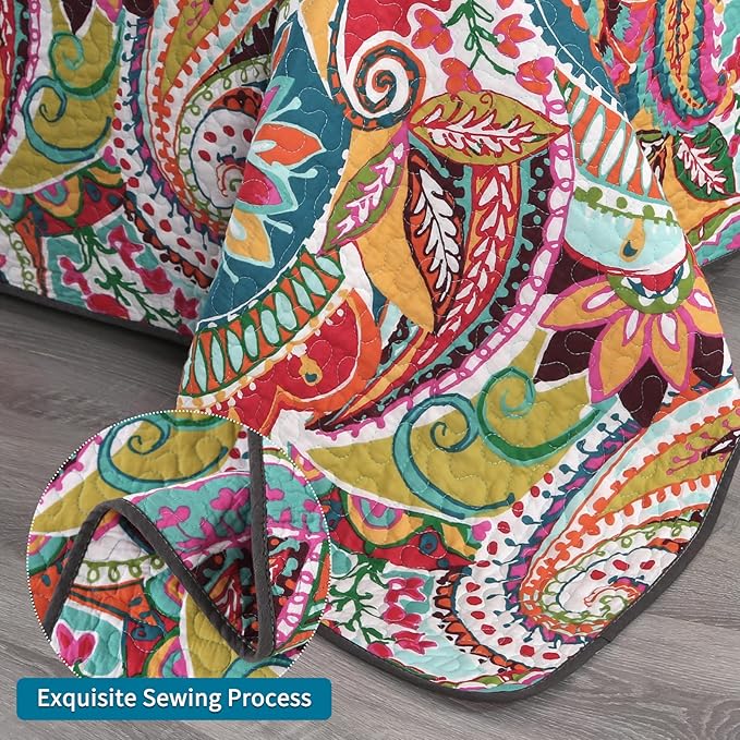 Qucover 100% Cotton Twin Quilt Set, 2 Piece Multicolor Paisley Boho Style Twin Bedspread with Pillow Shams, 68"x86"