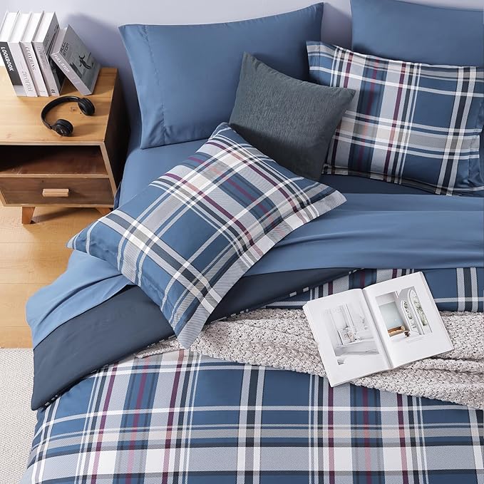 Plaid Queen Size Comforter Set Medium Blue, Bedding Set 7 Pieces for Boys Girls Teen, Lightweight All Season Bed in a Bag with Sheets, Pillowcases & Shams