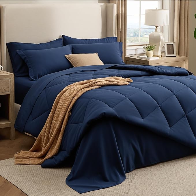 Bedsure 7 Pieces Queen Comforter Set Premium Series, Hotel Luxury Soft Bed in a Bag, Goose Down Alternative, Safe for Sensitive Skin Bedding Comforter All Season Medium Warmth, Navy Blue Queen Size