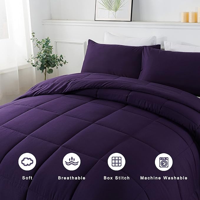 DOWNCOOL Twin Comforter Set -All Season Bedding Comforters Sets with 1 Pillow Case -2 Pieces Bed Set Down Alternative Comforter Set -Purple Twin Bedding Sets(64"x88")