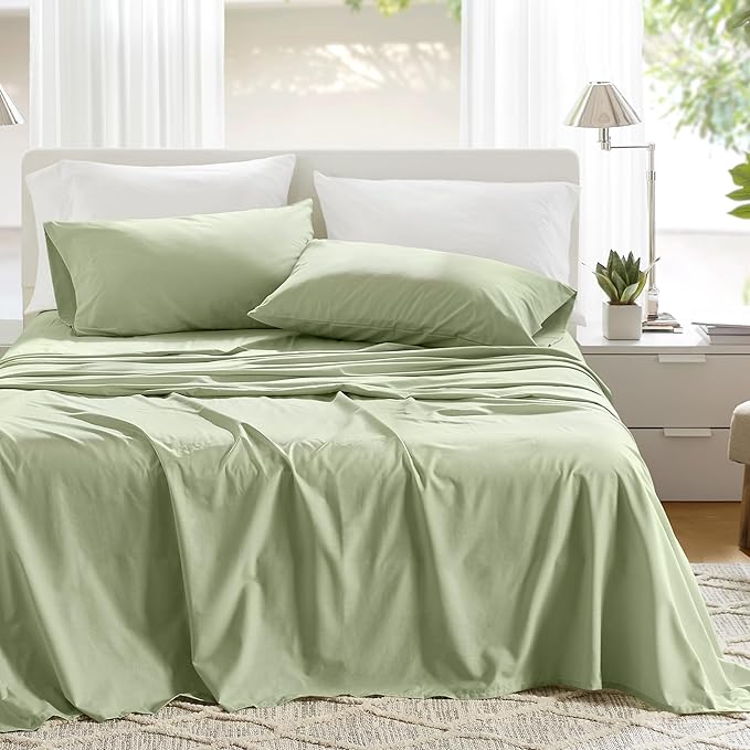 Comfort Spaces 100% Cotton Sheets Twin XL, Breathable & Soft Cotton Sheets, Naturally Cool Cotton Bed Sheets with 12" Elastic Pocket Fits up to 14" Mattress, All Seasons Sheet Set, Sage Green 3 Piece