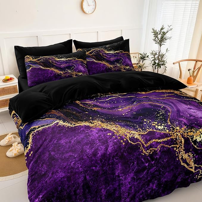 Gold Comforter Set 8 Pcs Purple Marble Bedding Set King Size Bed in A Bag Purple and Black Marble Stone Texture Abstract Room Decor Bed Comforter