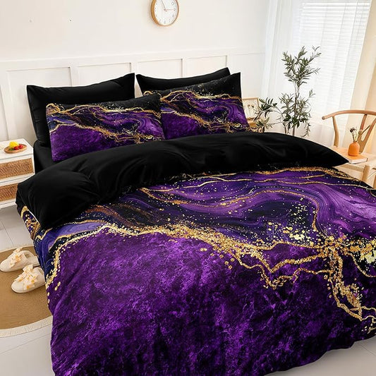 Black Gold Comforter Set - 6 Pcs Purple Marble Bedding Set Twin Size Bed in A Bag - Stone Texture Abstract Room Decor - Purple and Black