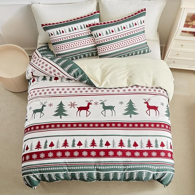 Lekesky Duvet Cover Queen Size,3 Pieces Reversible White Reindeer Snowflake Green Bedding Set with Zipper Closure and Corner Ties(1 Duvet Cover 90x90 inches + 2 Pillowcases)