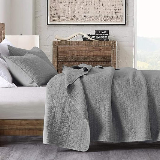 HORIMOTE HOME Quilt Set Twin Size Grey, Classic Geometric Spots Stitched Pattern, Pre-Washed Microfiber Chic Rustic Look, Ultra Soft Lightweight Quilted Bedspread for All Season, 2 Pieces