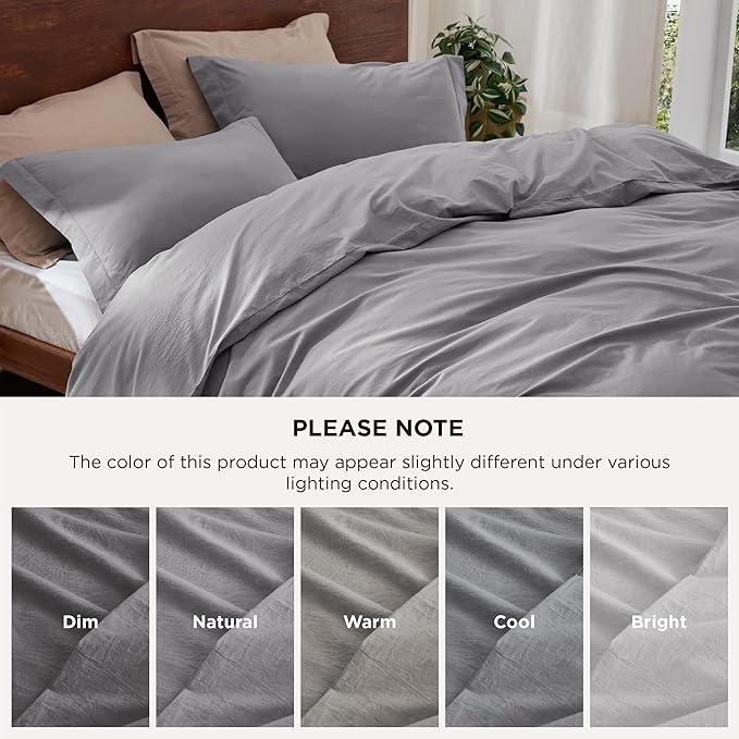 Bedsure 100% Washed Cotton Duvet Cover Queen Size - Grey Minimalist Cotton Duvet Cover Linen Like for All Seasons - GentleSoft™ Plain Simple Bedding, 3 Pieces (Grey, Queen, 90"x90")