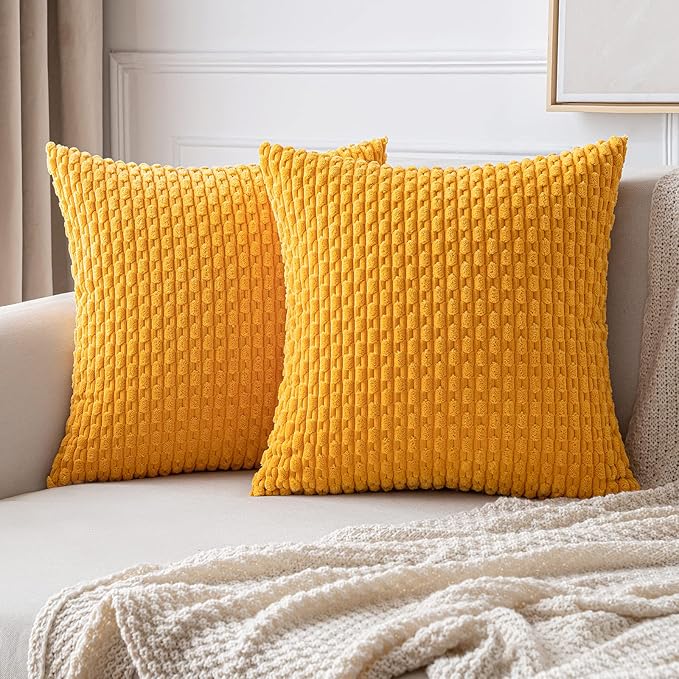 MIULEE Pack of 2 Decorative Throw Pillow Covers 18x18 Inch Soft Boho Striped Textured Corduroy Pillow Covers Modern Farmhouse Home Decor for Couch Bed Sofa Living Room Golden Yellow