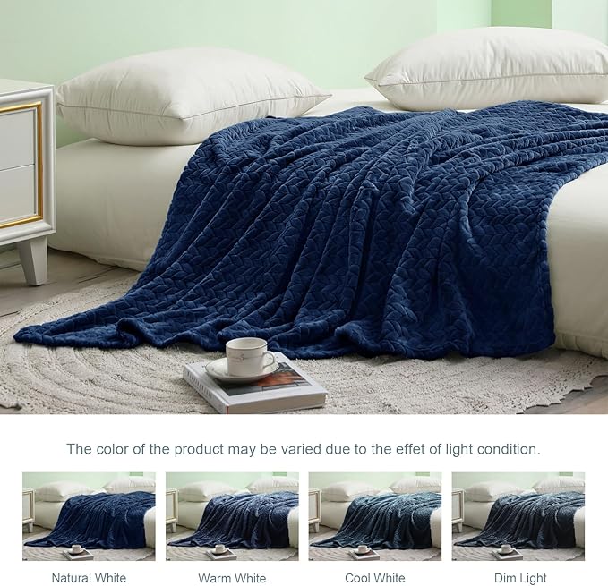 Exclusivo Mezcla Fleece Queen Size Blanket for Bed, 90x90 Inches Soft Cozy Jacquard Flannel Blankets, Lightweight Fuzzy Plush Warm for Women, Navy Blue