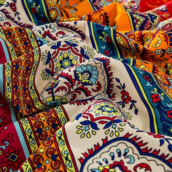 Bohemian Duvet Cover Set King Size Colorful Floral Boho Striped Bedding Set Soft Microfiber Double Duvet Cover Southwestern Indian Tribal Reversible Bedding Exotic Style Decor Boho Comforter Cover