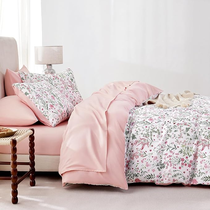 Wake In Cloud - Floral Duvet Cover Set, Shabby Chic Cottage Garden Botanical Flower Style with Elegant Wildflower Pattern, Soft Lightweight Bedding, 3 Pieces, Pink White, Twin/Twin XL Size
