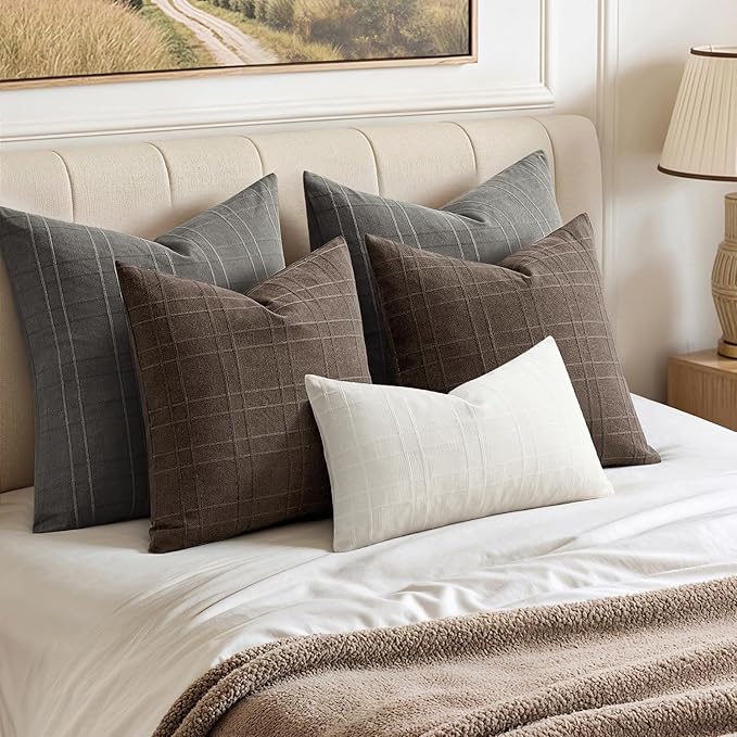 MIULEE Decorative Linen Check Lumar Throw Pillow Covers Neutral Farmhouse Vintage Pillow Covers 22x22 Inch Set of 2 Boho Modern Home Decor for Sofa Couch Bedroom Cushion Chair Charcoal Gray