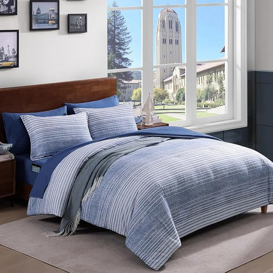 Twin XL Comforter Set Striped, Ocean Blue Coastal Bedding Set 5 Pieces for Boys Girls Teen, All Season Bed in a Bag for Dorm with Sheets, Pillowcase & Sham