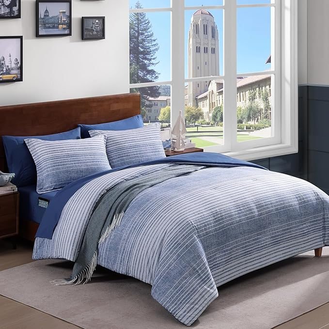 Full Comforter Sets Striped, Ocean Blue Coastal Bedding Set 7 Pieces for Boys Girls Teen, All Season Bed in a Bag for Dorm with Sheets, Pillowcases & Shams