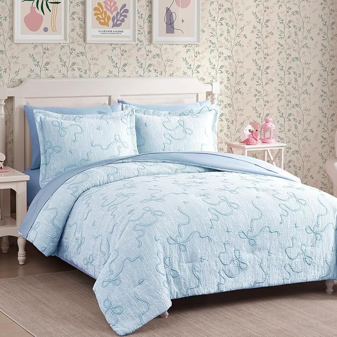 Geniospin Light Blue Queen Comforter Set for Girls- 7 Pieces Bowknot Jacquard Bed in A Bag Queen Bedding Sets with Sheets, Pillowcases & Shams, All Season Kids Comforter Set