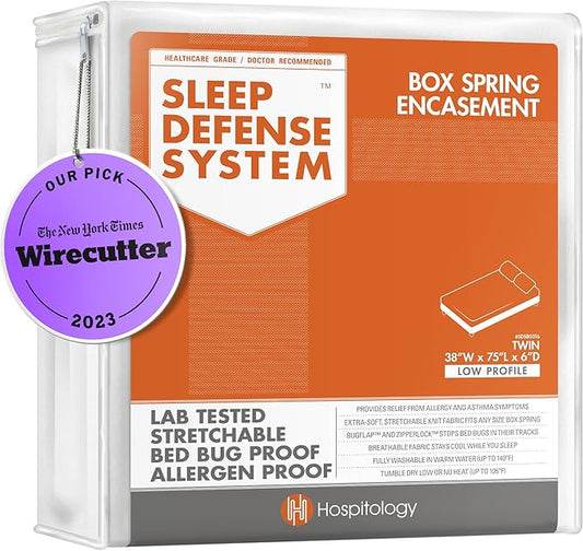 HOSPITOLOGY PRODUCTS Box Spring Encasement - Zippered Bed Bug Dust Mite Proof Hypoallergenic - Sleep Defense System - Twin –38" W x 75" L - Low Profile 6"