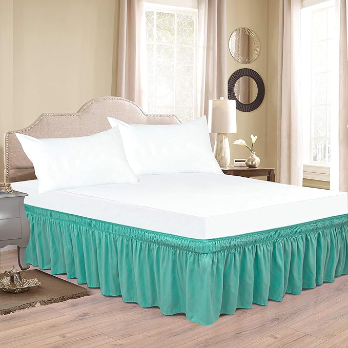 Wrap Around Bed Skirts Elastic Dust Ruffles, Easy Fit Wrinkle and Fade Resistant Silky Microfiber Fabric Solid Color Bedskirt, 12 Inch Tailored Drop Aqua for King XL Size Bed Skirt