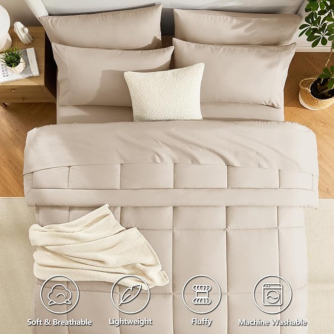 CozyLux Queen Size Comforter Sets Wheat, 7 Pieces Bed in a Bag, Wheat Comforter Queen Size, All Season Bedding Sets with Stitch Quilted Comforter, Flat Sheet, Fitted Sheet, Pillowcases