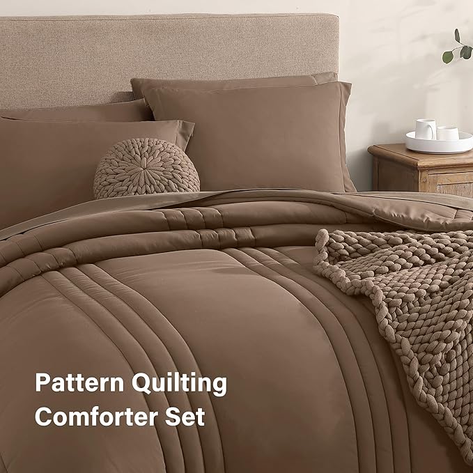 Monbix King Size Comforter Set - 7 Pieces Bed in a Bag King, Raw Umber Bedding Sets with Comforter, All Seasons Comforter Bed Set with Sheets, Pillowcases & Shams