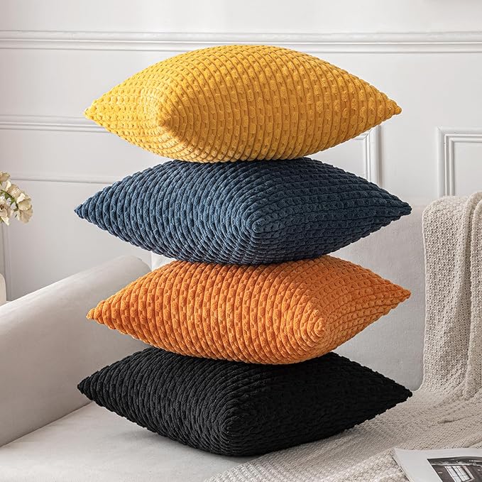 MIULEE Orange Throw Pillow Covers Soft Corduroy Decorative Euro Sham Set of 2 Boho Striped Pillow Covers Pillowcases Farmhouse Home Decor for Halloween Couch Bed Sofa Living Room 24x24 Inch