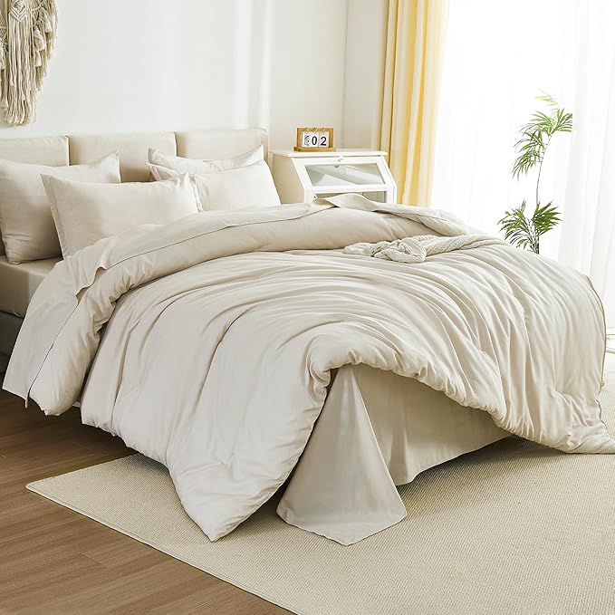 Litanika Twin XL Comforter Set Beige - 5 Pieces Twin Extra Long Bed in a Bag for College Dorm, All Season Bedding Set for Girls and Boys, Cream Soft Bed Set