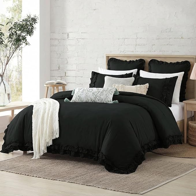 Bedorm Black Duvet Cover Queen Pleated Ruffled Bedding Set Shabby Chic Lace Ruffle Fringe French Country Room Decor Super Soft Cozy Black Boho Duvet Cover Sets