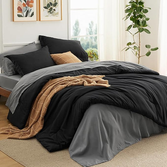 Bedsure King Size Comforter Set - 7 Pieces Black King Bedding Set for All Seasons, Boho Contrasting Design Bed in a Bag with Comforter, Sheets, Pillowcases & Shams