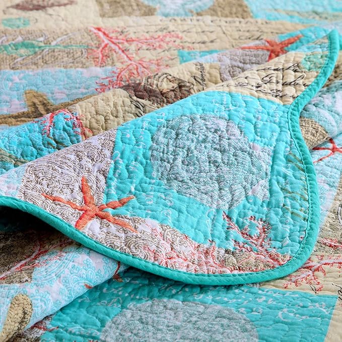 YAYIDAY Quilt King Size Bedspread Set - 100% Cotton Reversible Breathable Star Fish Coral Shell Style Quilted Quilt with Pillow Shams for All Seasons
