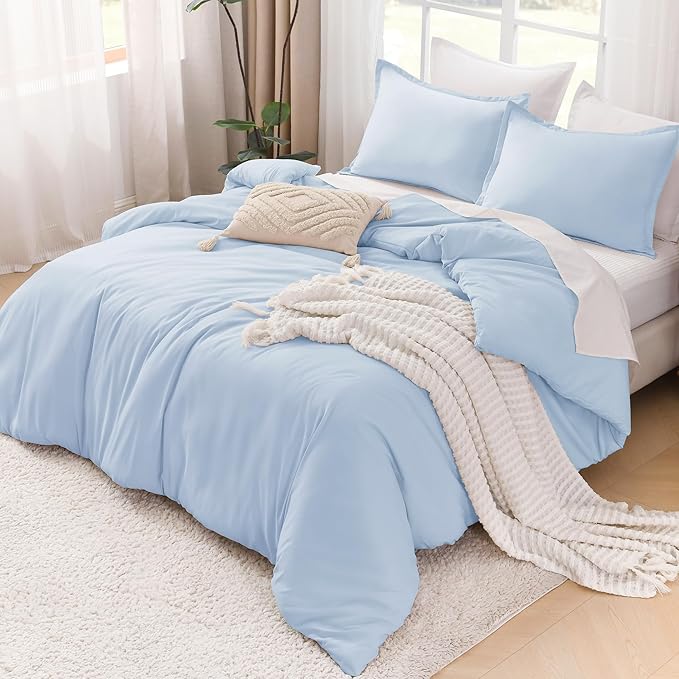 Litanika Comforters Light Blue California King Size, 3 Pieces Cal King Lightweight Solid Bedding Comforter Set, All Season Fluffy Bed Set (104x96In Comforter & 2 Pillowcases)