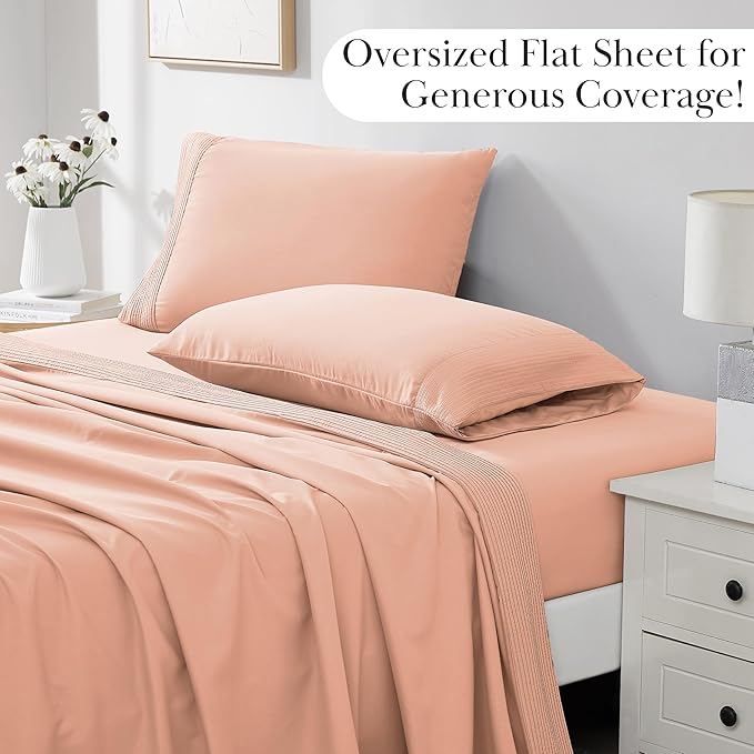 Southshore Fine Living, Inc. Pleated, 4-Piece Queen Size Sheets Set, 21-Inch Deep Pocket Queen Sheet Set, Machine Washable, 1 Fitted Sheet, 1 Oversized Flat, Pillow Cases Set of 2, Blush Sheets