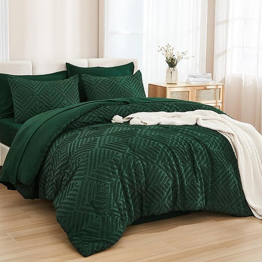 Andency Oversized King Comforter Set Dark Emerald Green - 7 Pieces Bed in a Bag Super King Bedding Sets, Boho Tufted Lightweight Fluffy Bed Set with Comforter, Sheets, Pillowcases & Shams