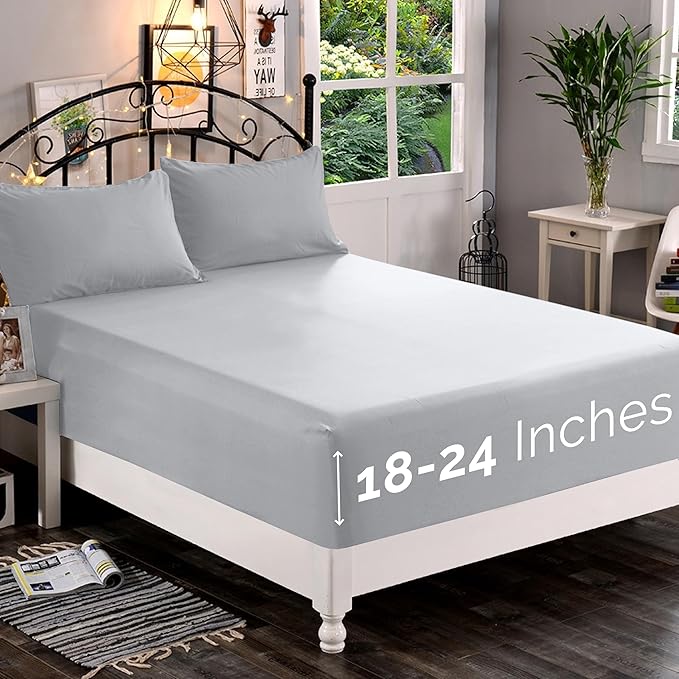 Elegant Comfort 1500 Premium Quality Fitted Sheet Ultra Soft 18-24 Inch Extra Deep Pocket - Single Fitted Sheet for High Mattress - Wrinkle Free with Smart Storage Pockets, Twin/Twin XL, Silver