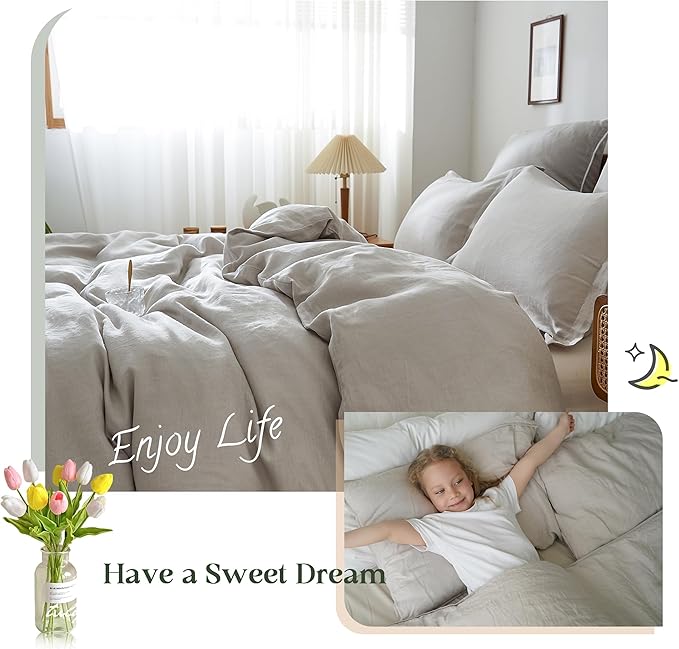 Simple&Opulence 100% Linen Duvet Cover Set, 3 PCS Natural French Flax Light Grey Duvet Cover King Size, Breathable Soft Comfy Linen Bedding Comforter Cover with 2 Pillowcases(Light Grey, 104" x 92")