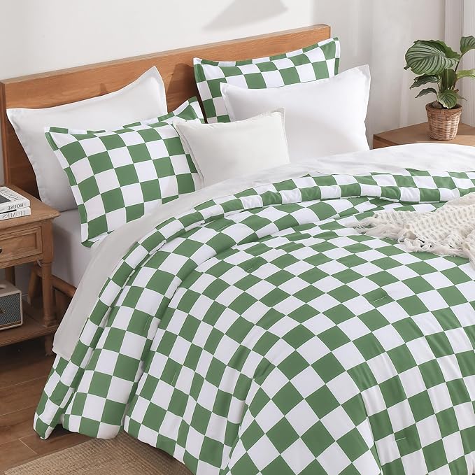 Andency Green Checkered Comforter Twin(66x90Inch), Plaid Gingham Buffalo Grid Bedding Comforter Sets for Boys Kids Teens, 2 Pieces Lightweight Microfiber Geometric Preppy Bed Set