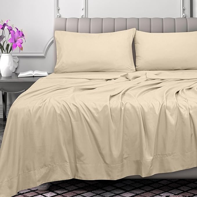 Royale Linens 300 Thread Count 100% Long Staple Combed Cotton Flat Sheet - Super Soft - Top Sheets - King Flat Sheet Sold Separately - Breathable, Cool & Crisp Percale Sheets Only (King, Cream)