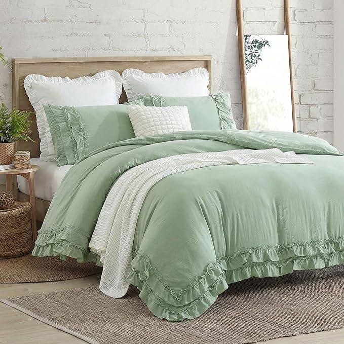 Bedorm Sage Green Ruffled Duvet Cover Twin Size Bedding Set Pleated Lace Ruffle Shabby Chic Bedroom Decor Extra Soft Cozy Farmhouse Country Style Duvet Cover Sets