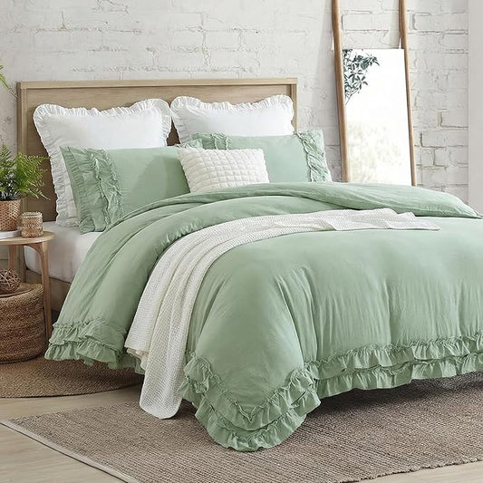 Bedorm Sage Green Ruffled Duvet Cover Twin Size Bedding Set Pleated Lace Ruffle Shabby Chic Bedroom Decor Extra Soft Cozy Farmhouse Country Style Duvet Cover Sets