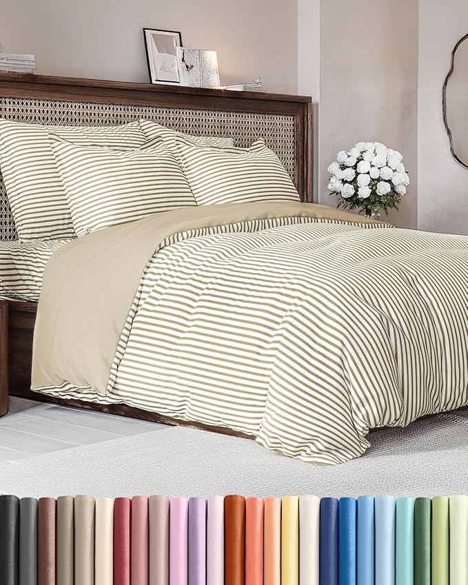 Duvet Cover Cal King Size - Extra Soft Cal King Size Duvet Cover - Breathable, Easy Care and Fade Free with Zipper Closures & Ties - 104" x 98" Inches - (Beige Stripes 2) Comforter Not Included