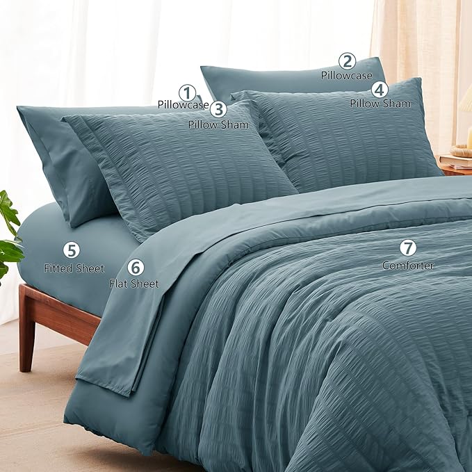 CozyLux King Size Comforter Set Mineral Blue Seersucker 7 Pieces Bed in a Bag King Comforter Set with Sheets, Luxury Bedding Set with Down Alternative Comforter, Sheets, Pillowcases & Shams All Season
