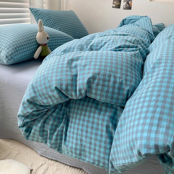 LifeTB Blue Gingham Comforter Set King 3 Pieces Blue Grey Grid Checkered Pattern Comforter with 2 Pillowcases Farmhouse Gingham Grid Bedding Set Soft Fluffy Modern Geometric Plaid Comforter Set