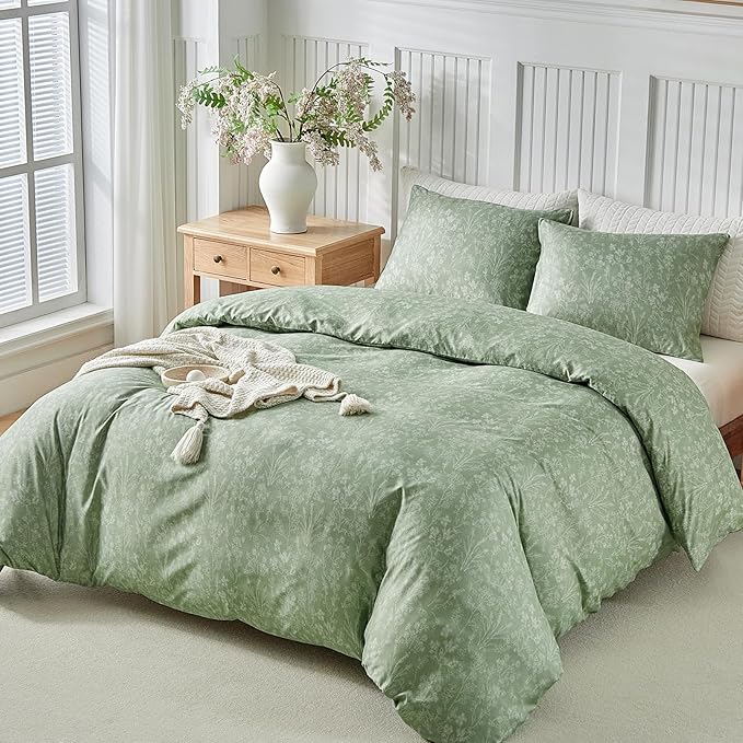 Lekesky King Size Duvet Cover Set, White Floral Pattern King Size Duvet Cover, 3 Piece Green Comforter Cover with Zipper, Ultra Soft Microfiber Bedding Set with 2 Pillowcases