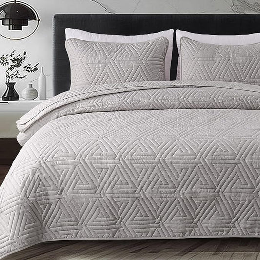 Whale Flotilla Soft King Size Quilt Set for All Seasons, 3-Piece Ultrasonic Geometric Quilts Bedding Set, Lightweight Reversible Bedspread, Coverlet, Bed Cover with 2 Pillow Shams, Lightgrey