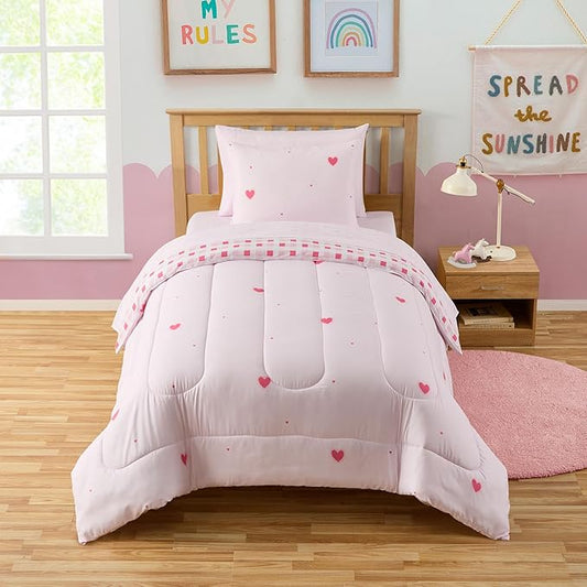 Heart Comforter Set Twin Size for Girls – Soft Pink Bed in a Bag with Sheets, Pillowcases & Shams – Cute Kids Bedding with Love Hearts Design – Cozy Microfiber for Child or Tween Bedroom Decor