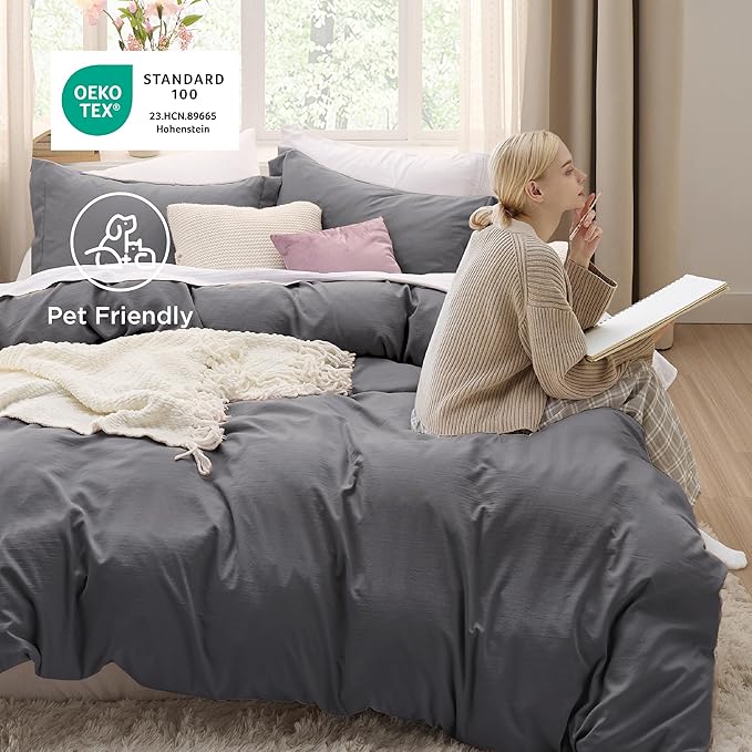 Bedsure Dark Grey Oversized Queen Duvet Cover - 3 Pieces Prewashed Cotton-Like Polyester Extra Soft Bedding Set, Includes 1 Duvet Cover 98x98 Inches with Zipper Closure & 2 Pillow Shams, No Comforter