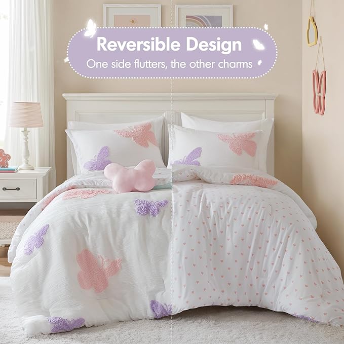 Intelligent Design Kids Rio Full/Queen Comforter Set – Girls’ Reversible Tufted Chenille Bedding with Pastel Purple Butterflies and Pink Dot, 4pcs