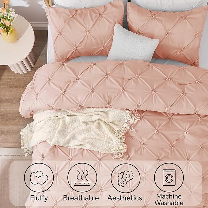 BEDELITE Dusty Pink Comforter Set Full - 3 Peices Boho Pintuck Bedding Comforter Sets, Lightweight Soft & Warm Twin Bedding Sets with 2 Pillowcase for All Season