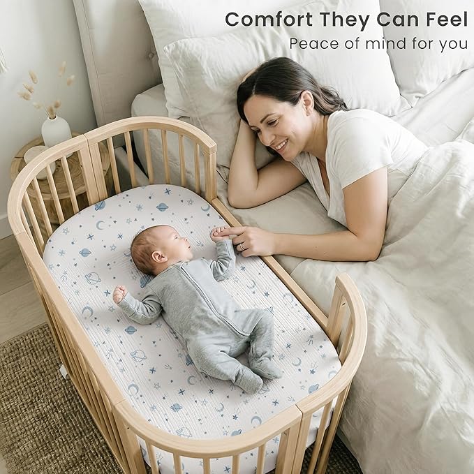 Konssy 2 Pack Muslin Bassinet Sheets for Boys, Girls, 100% Cotton Soft Breathable Fitted Bassinet Mattress Sheet, 33 x 21 inches (Star,Blue)