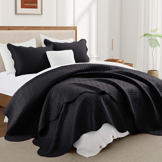 IR Imperial Rooms Twin Quilt Bedding Set Size (68” x 86”) + 1 Pillow Shams (20” x 26” + 2”) - 2 Pcs All Season Lightweight Reversible Microfiber Coverlet Embossed Quilt Bedspread (Black)