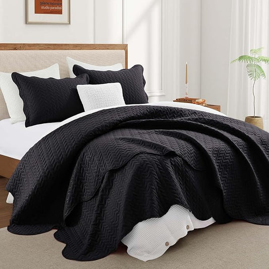 IR Imperial Rooms King Quilt Bedding Set Size (106" x 96") + 2 Pillow Shams (20" x 36"+ 2") - 3 Pcs All Season Lightweight Reversible Microfiber Coverlet Embossed Quilt Bedspread (Black)